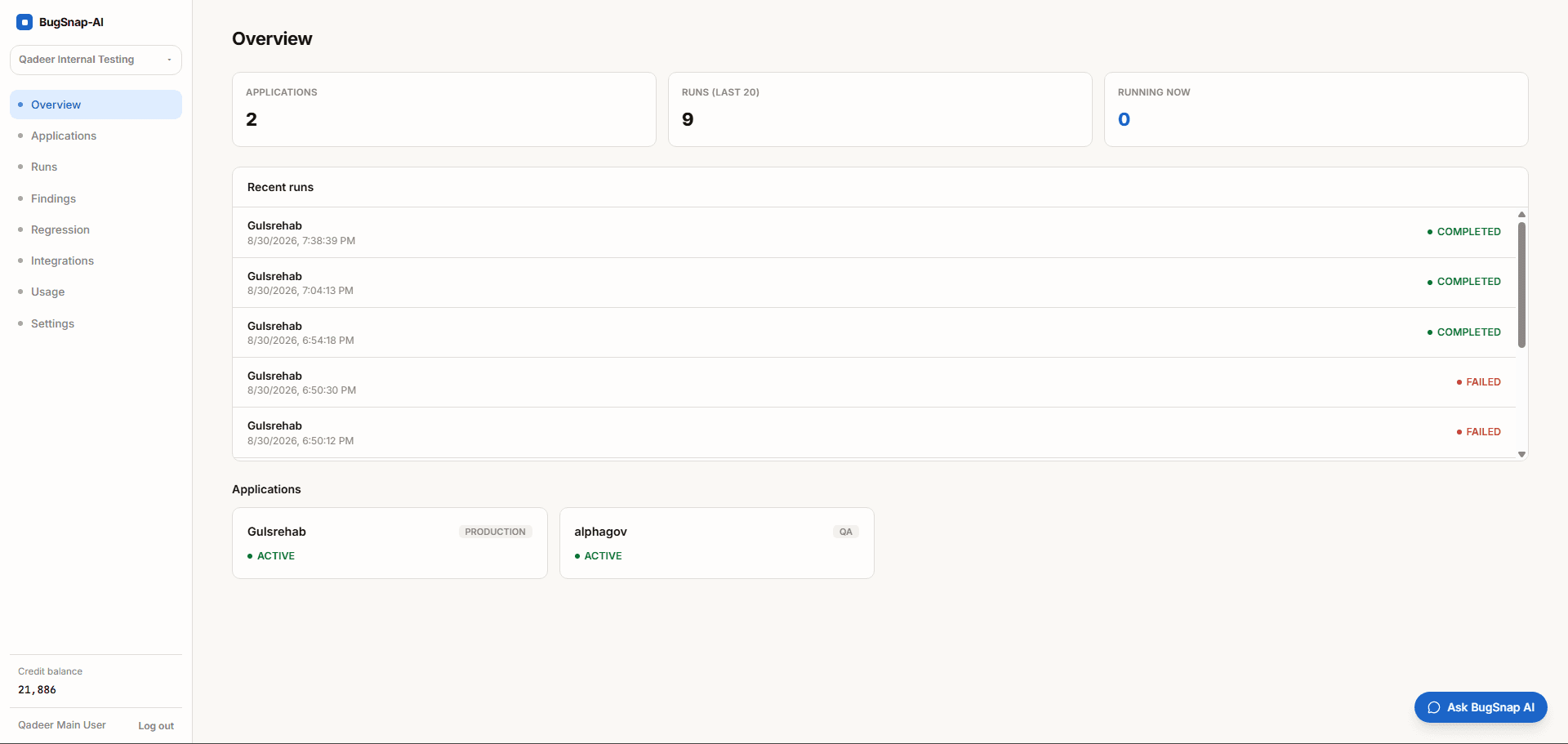 BugSnap-AI dashboard showing applications and runs