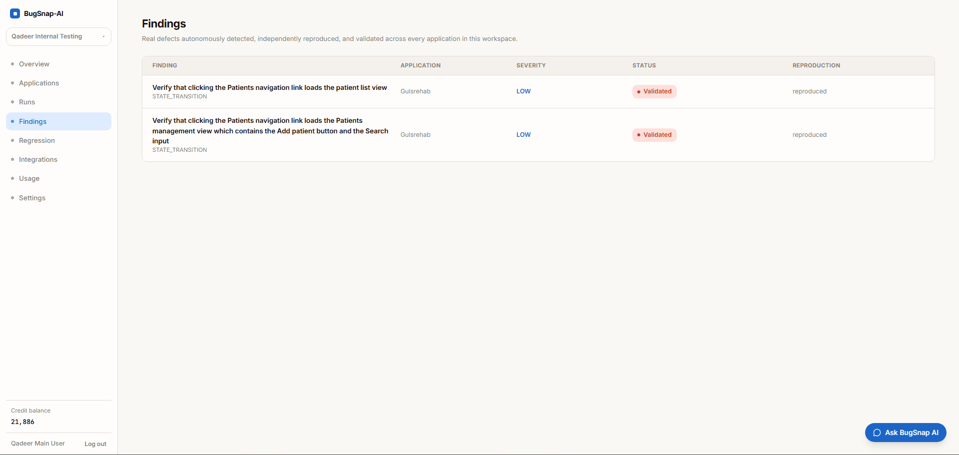 BugSnap-AI validated findings, with reproduction steps and evidence